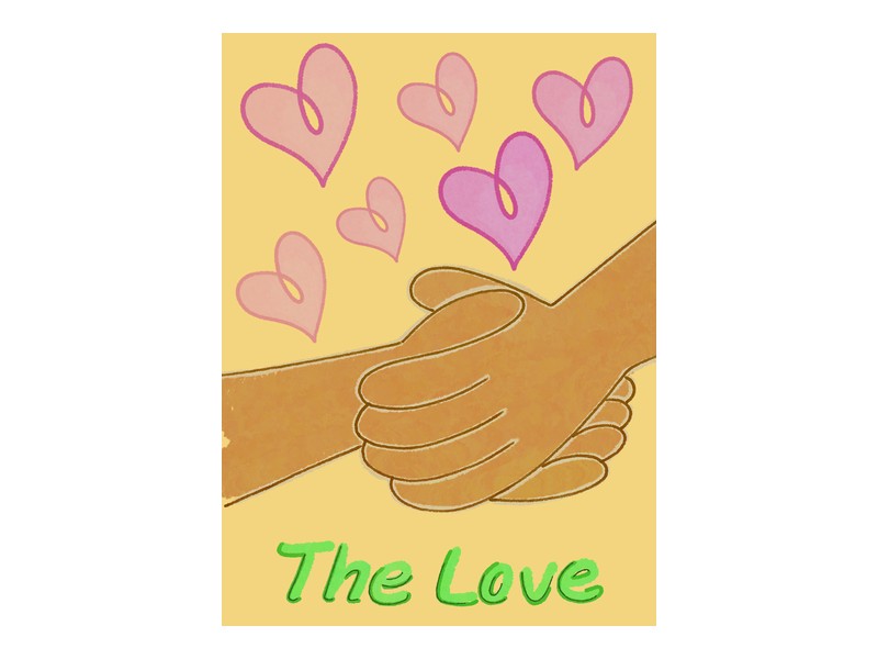 The Lovers — 따뜻한 노란 배경, 서로 맞잡은 두 손, 위로 떠오르는 핑크 하트 6개, 상단 VI 표기