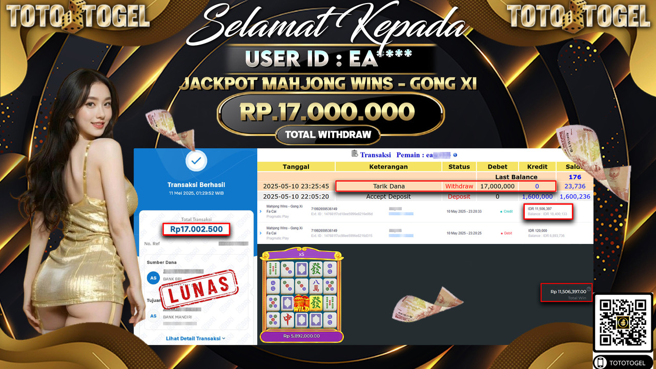 Bukti Pembayaran Jackpot  Permainan Slot Mahjong Wins - Gong Xi ID:EA***** LUNAS