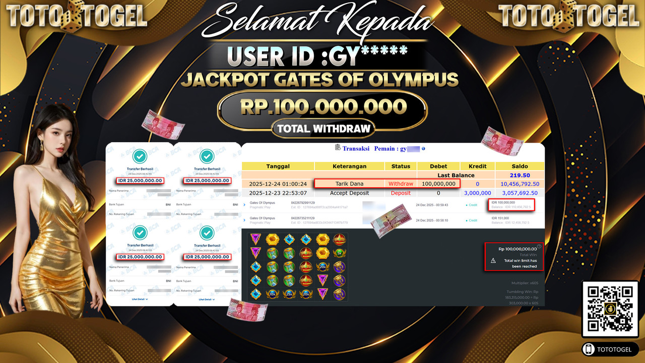 Bukti Pembayaran Jackpot Permainan Slot Gates Of Olympus ID:GY**** LUNAS