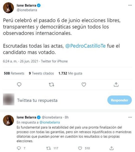 Ministra de España rechaza “maniobras dilatorias” que sabotean proclamación de Castillo como presidente de Perú Belara