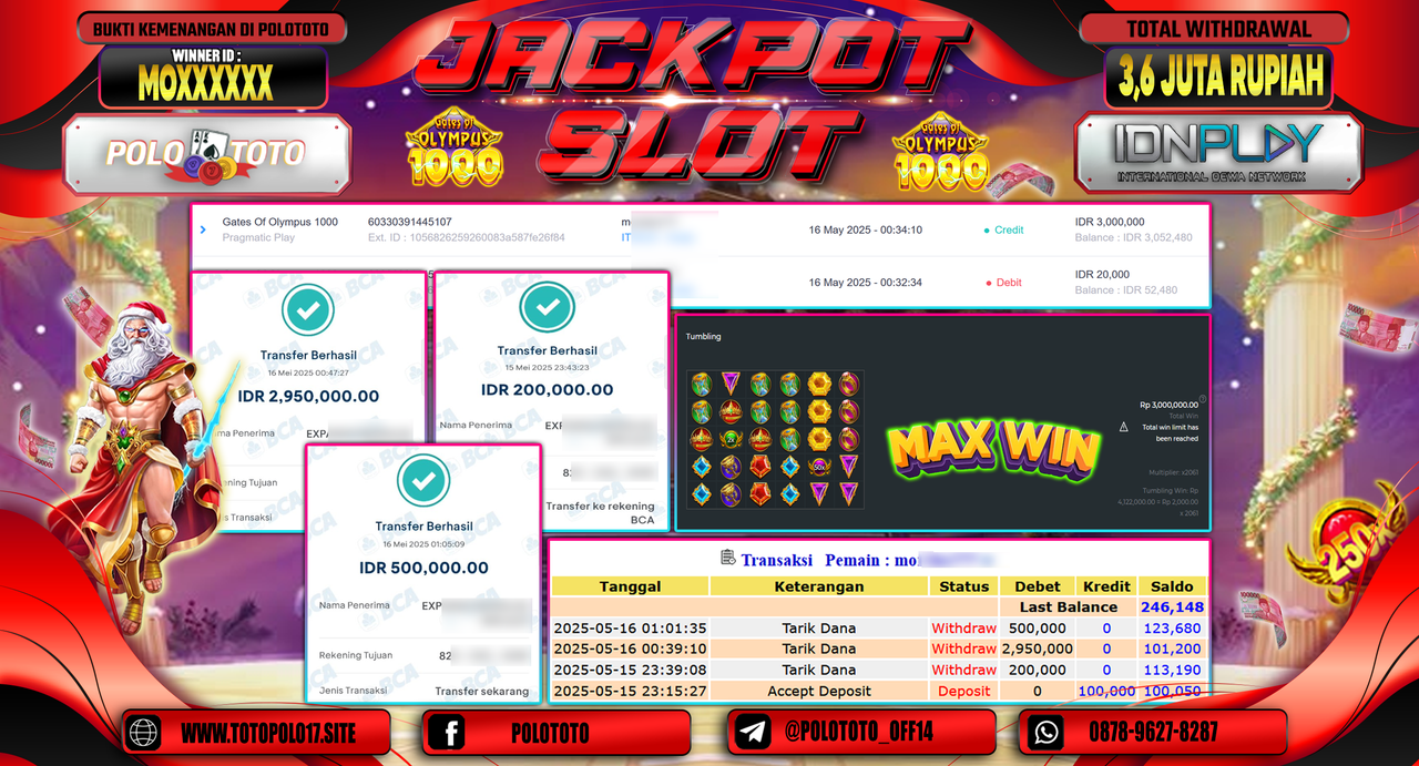 POLOTOTO JACKPOT SLOT GATES OF OLYMPUS 1000 Rp.3.650.000,-