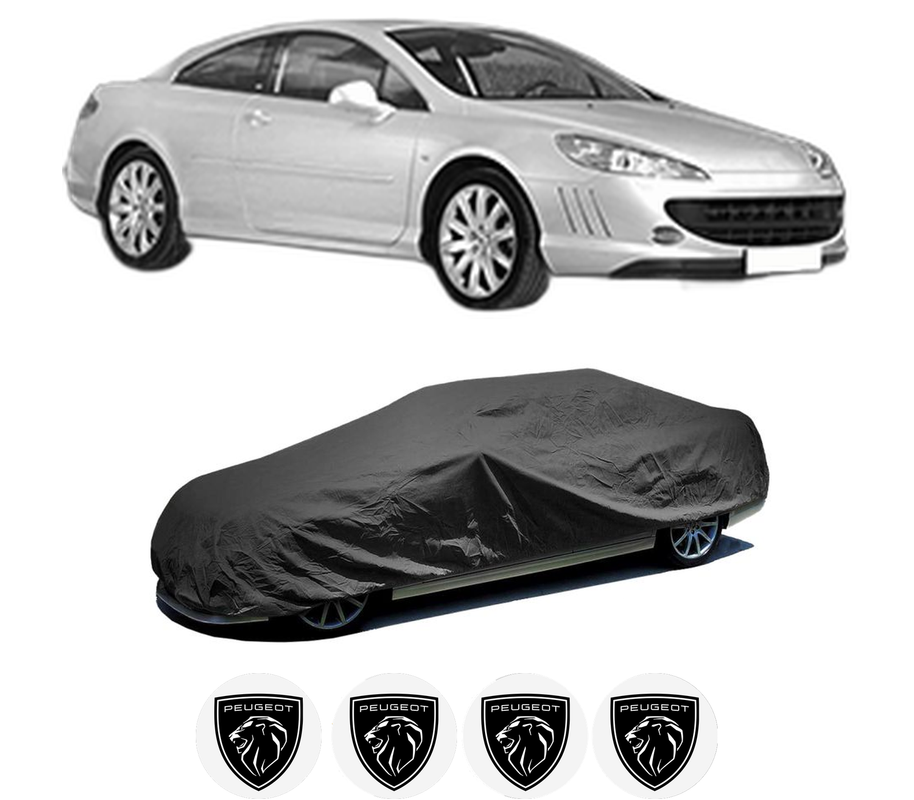 Husa tip prelata auto pentru PEUGEOT 407 Coupe (6C_) din 2005-2009, Culoare Negru, material textil impermeabil, rezistanta la intemperii praf UV, CARPASSION Husa Protectie, 4 Stickere auto cu PEUGEOT
