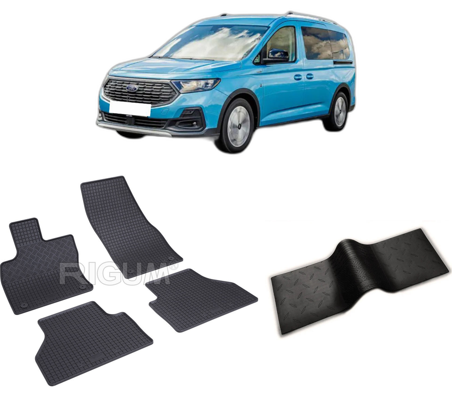 Set covorase auto FORD TOURNEO CONNECT III din 05.2022-PREZENT, cu covoras tunel median, CAROSERIE VAN 5 USI, Presuri cauciuc 100%, compatibil cu autoturismul FORD TOURNEO CONNECT III, Rigum