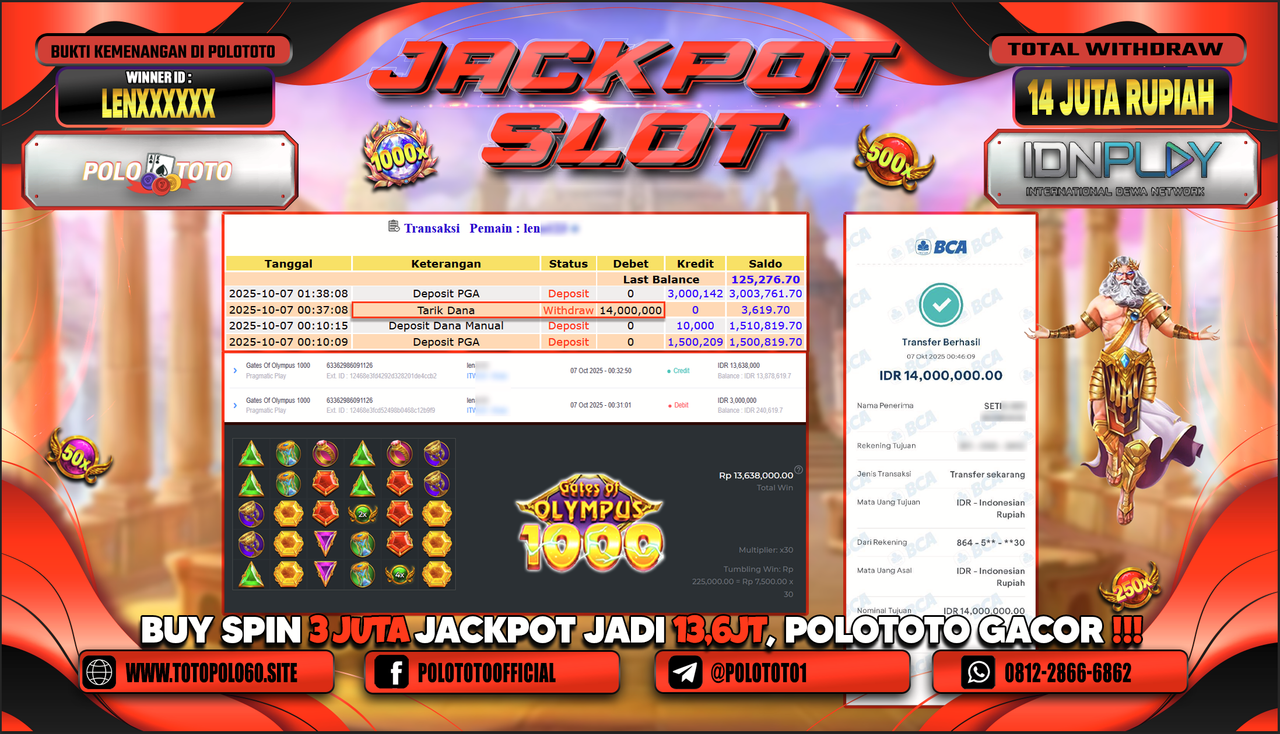 POLOTOTO JACKPOT SLOT GATES OF OLYMPUS 1000 Rp.14.000.000,- LUNAS
