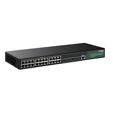 Switch Intelbras S2328G-PA com visão frontal das 24 portas Gigabit e 4 portas SFP.