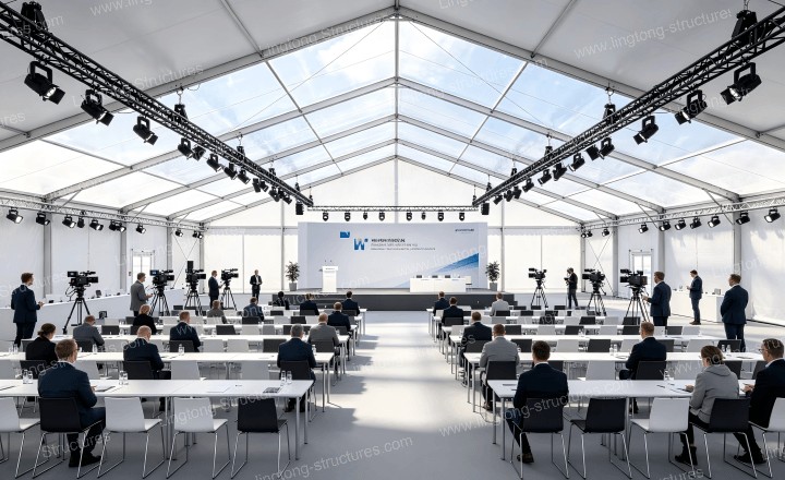 Completed Hannover Messe tent exhibition area with unified visual appearance