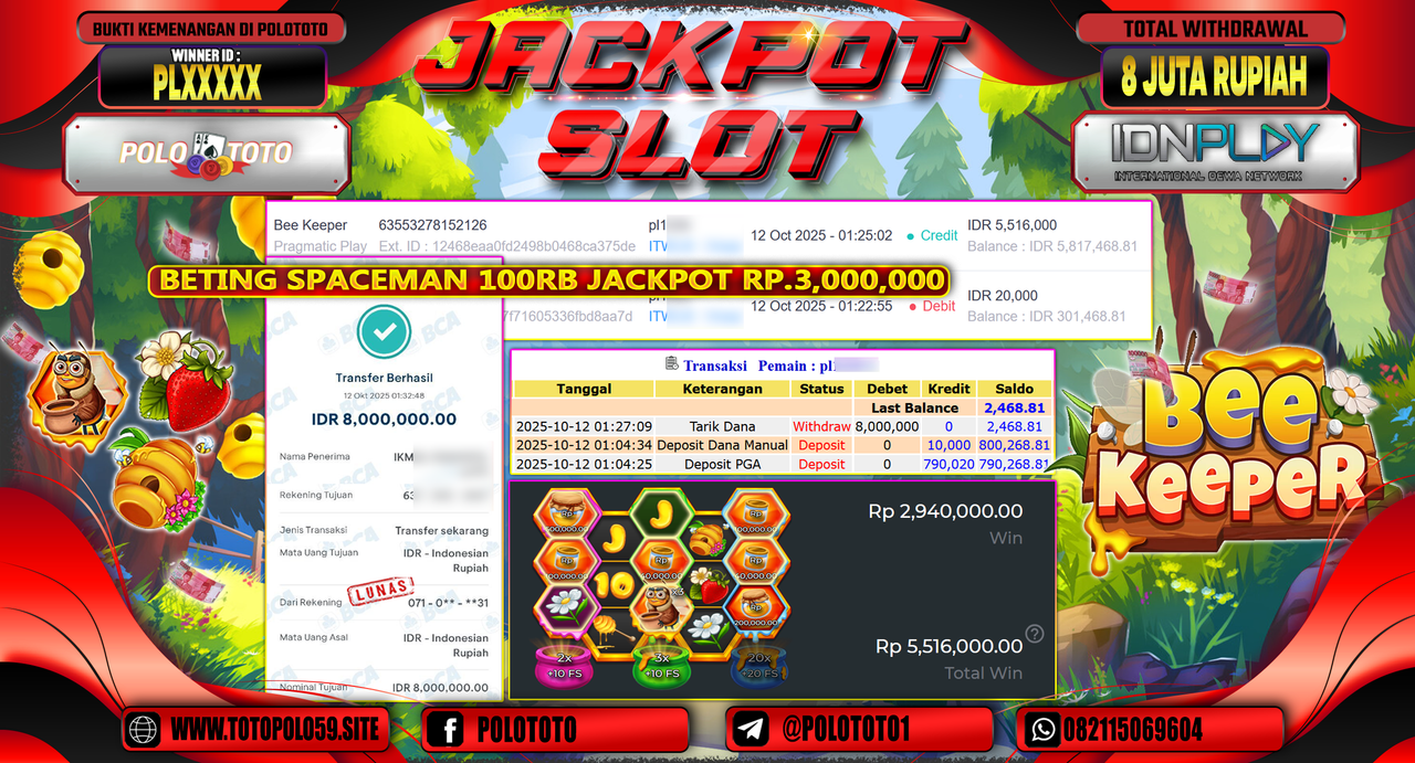 POLOTOTO JACKPOT SLOT BEE KEEPER Rp.8.000.000,- LUNAS