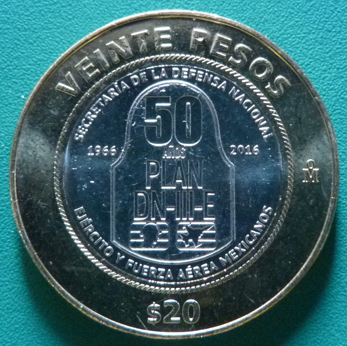 20 Pesos. México (2016) 50 aniversario del Plan DN-III-E MEX-20-Pesos-2016-50-aniversario-Plan-DN-III-E-rev