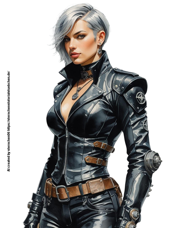 hells angel ,steampunk in black leather clothes, silver short Hair, aquarellpainting 4k, full body (