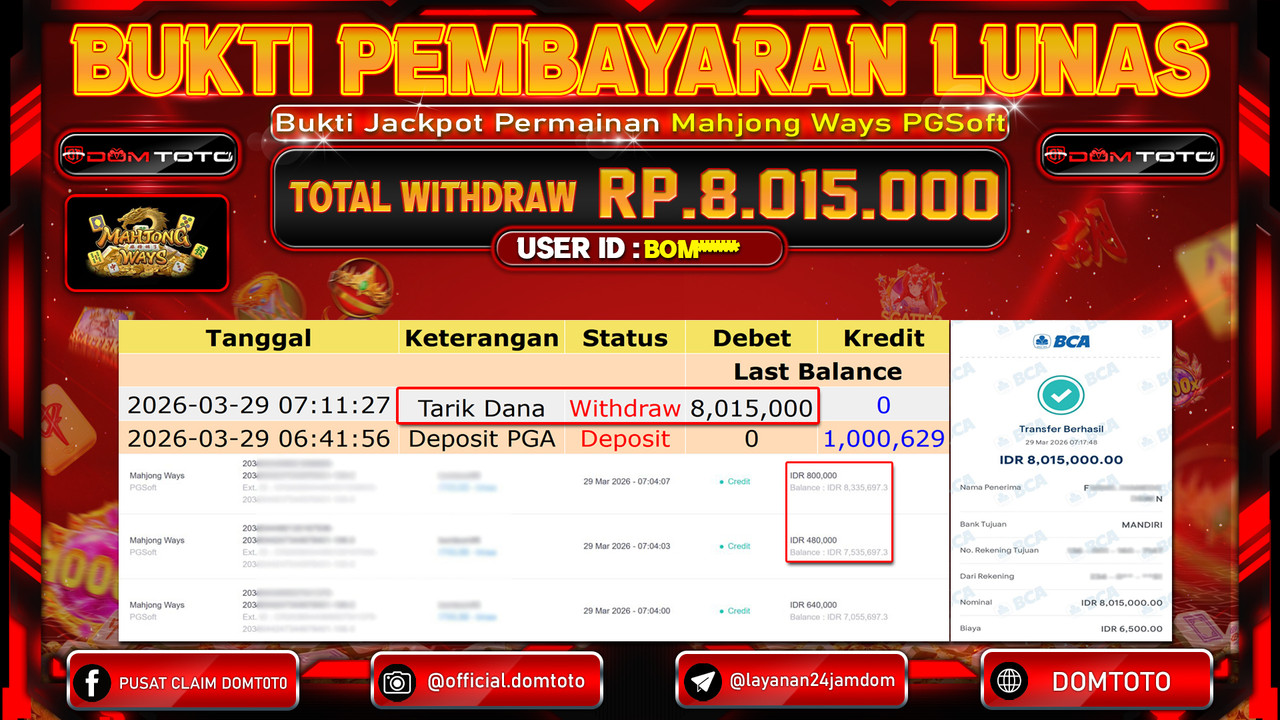 JACKPOT SLOT Mahjong Ways PGSoft 29 MARET 2026