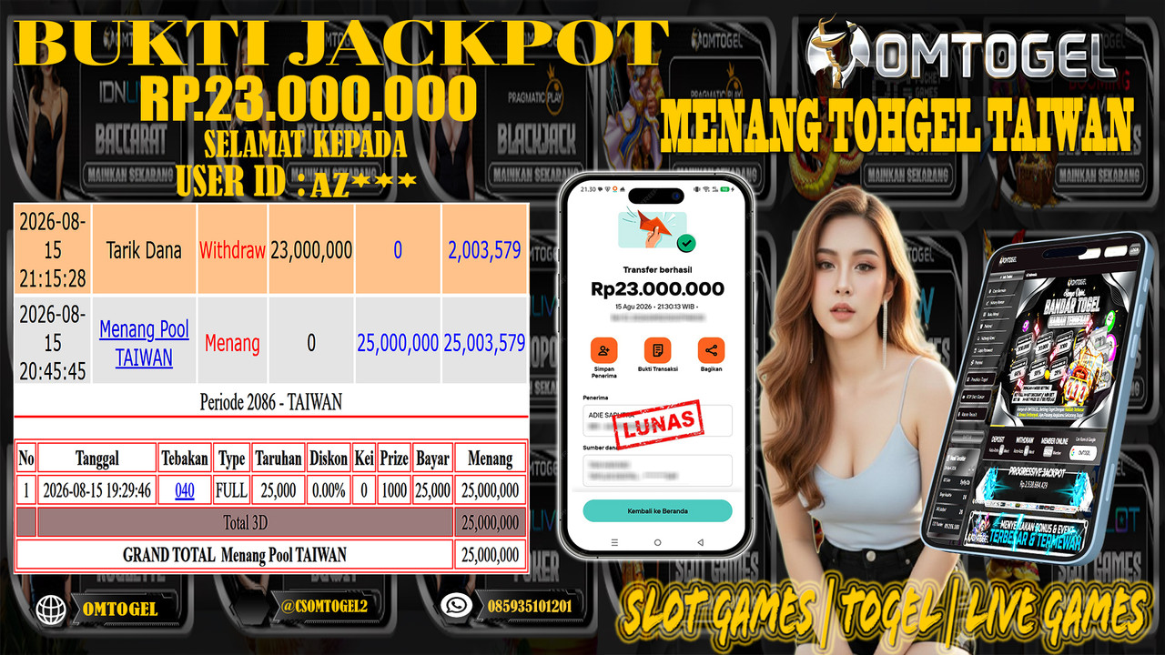 OMTOGEL JACKPOT MENANG TOGEL TAIWAN Rp,23,000,000,- DIBAYAR LUNAS