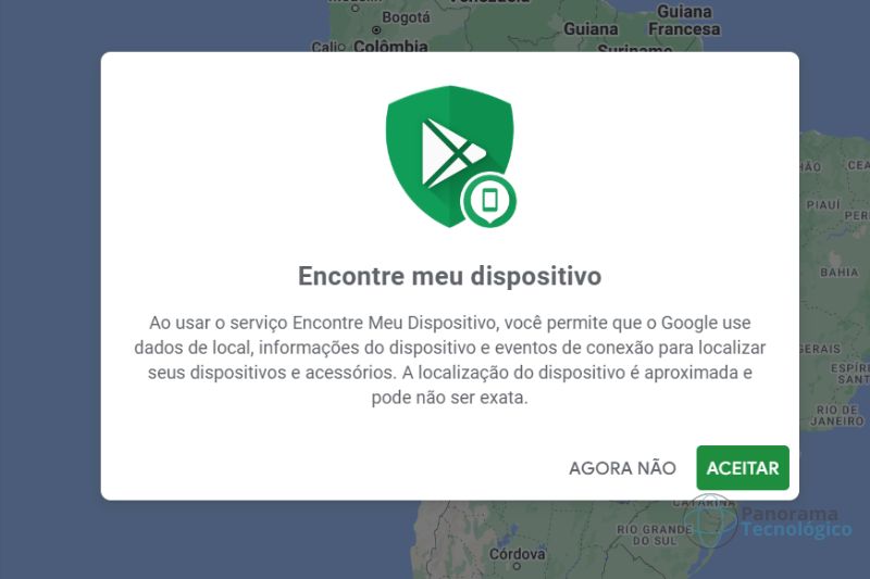 Alerta Encontre Meu dispositivo do serviço do Google, mostrando os termos e os botões de Aceitar e Agora não.