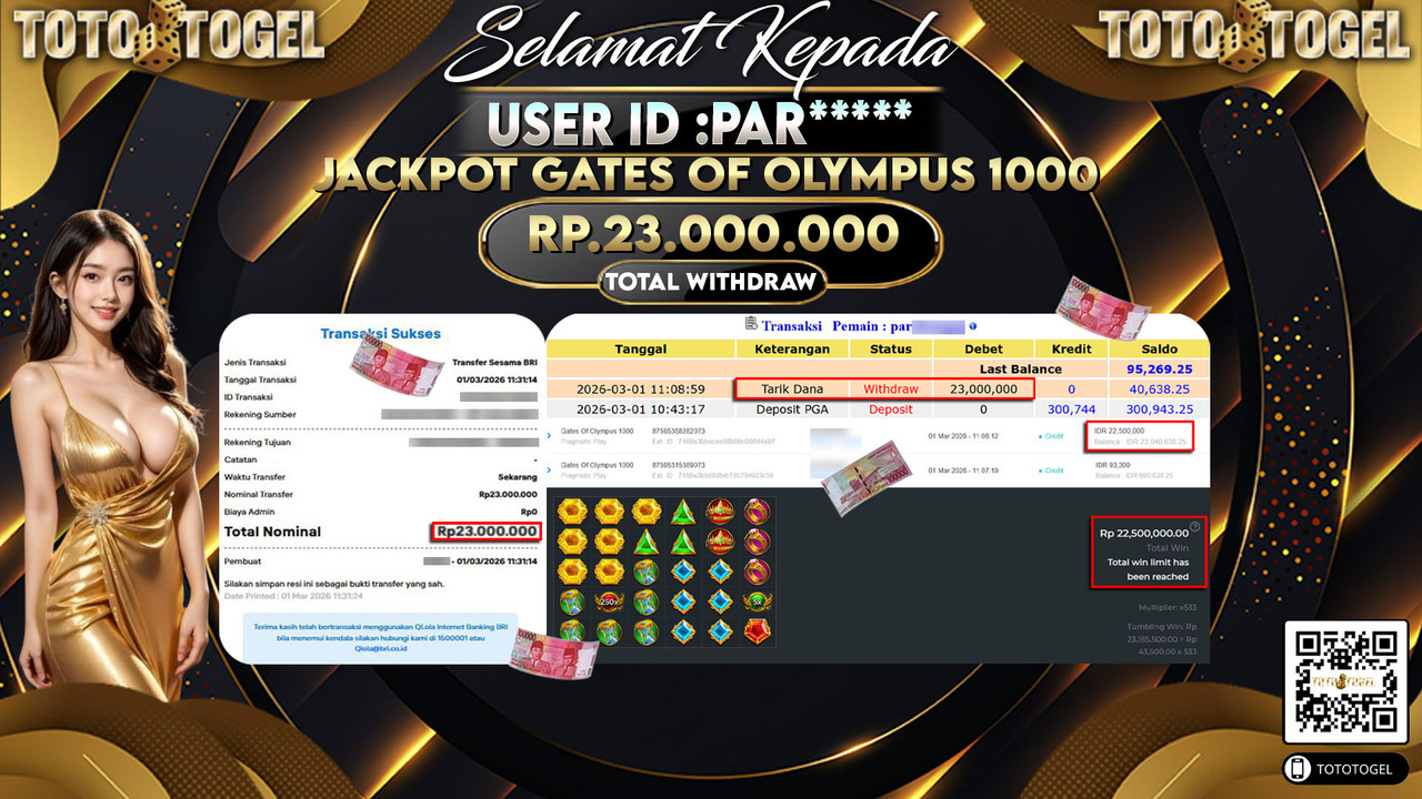 Bukti Pembayaran Jackpot Permainan Slot Gates Of Olympus 1000 ID:PAR*****LUNAS