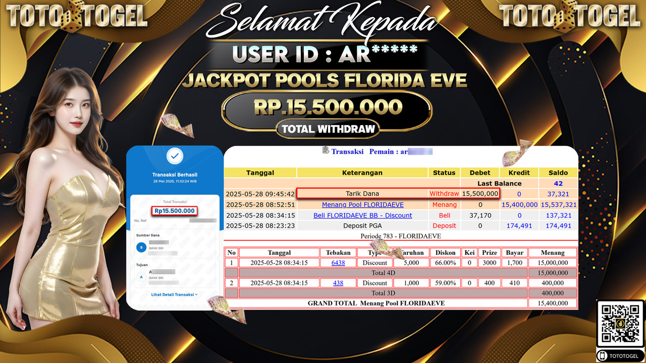 Bukti Pembayaran Jackpot Permainan Togel Pools Florida Eve ID:AR***** LUNAS
