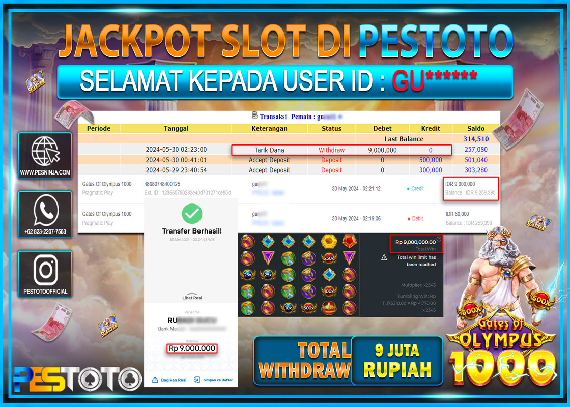 HANYA DI PESTOTO JP PASTI DI BAYAR LUNAS DAN CEPAT!!!!!! JP SLOT{ GATES OF OLYMPUS 1000  } Rp.9.000.000 !!!!!