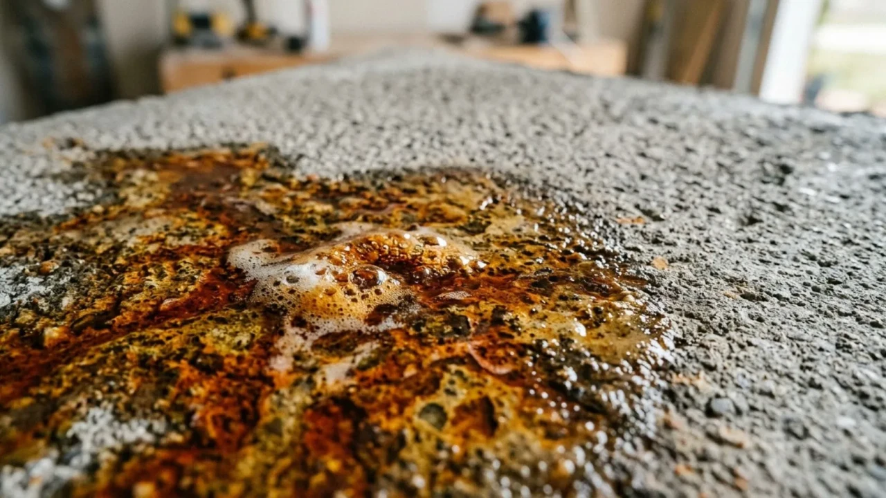 Close up of acid stain reacting with a concrete surface to form color