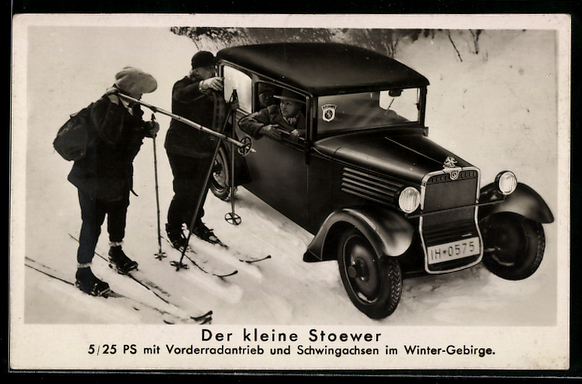 AK Skifahrer neben Stoewer Auto Der kleine Stoewer