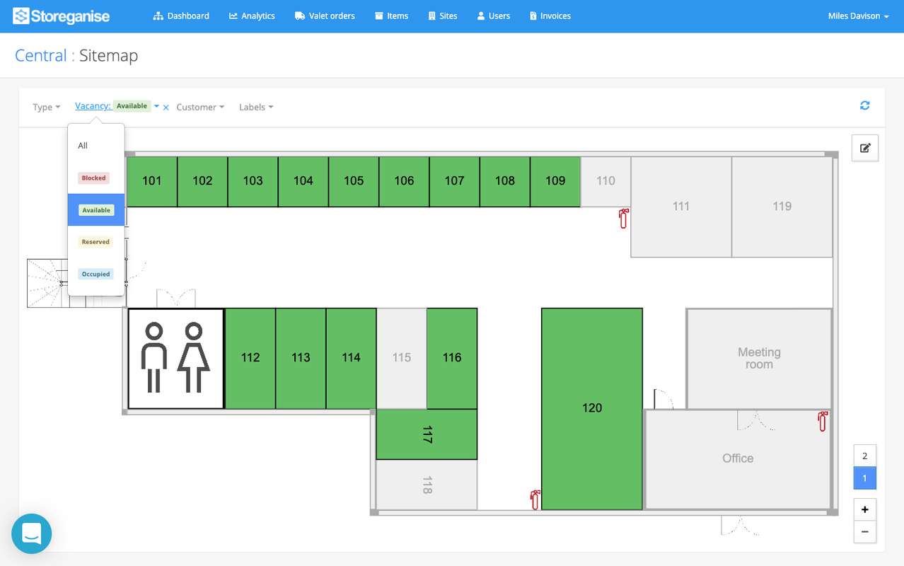 A screenshot of the self storage site map feature