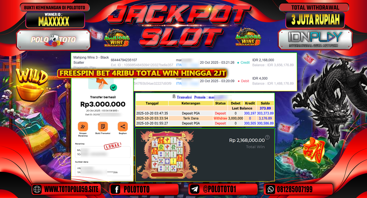 POLOTOTO JACKPOT SLOT MAHJONG WINS 3 - BLACK SCATTER Rp.3.000.000,- LUNAS