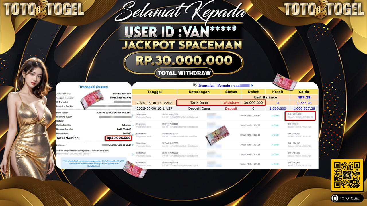 Bukti Pembayaran Jackpot Permainan Pragmatic Casino Spaceman ID:VAN*****LUNAS