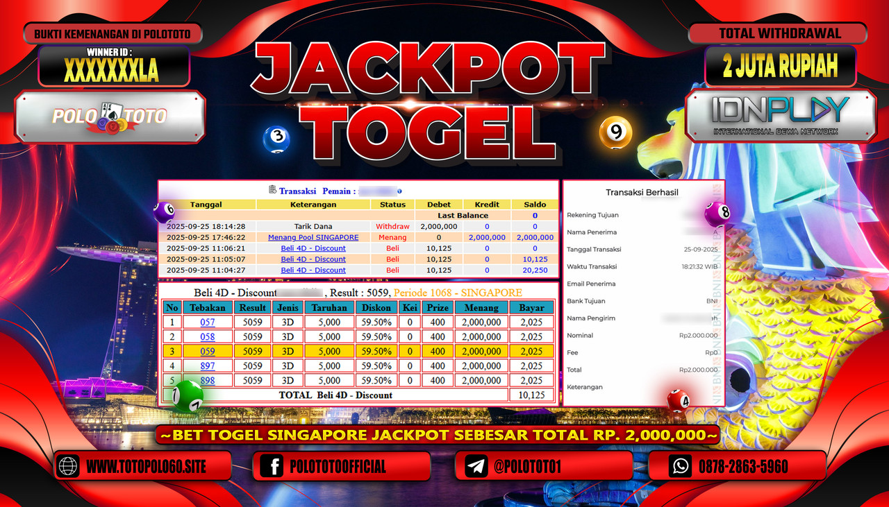 POLOTOTO JACKPOT TOGEL POOL SINGAPORE Rp.2.000.000,- LUNAS