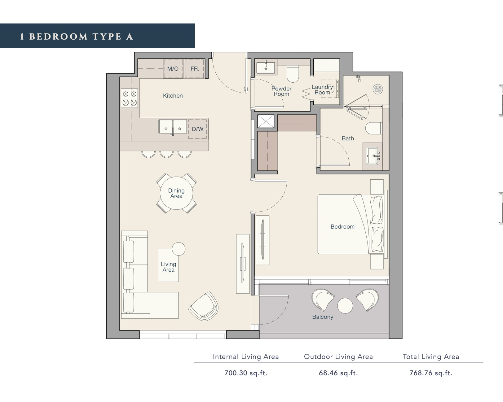 The Quayside Residences 1-BR Distress Deal floorplan layout showing detailed apartment configuration with living area, bedroom, kitchen, bathroom, and balcony design
