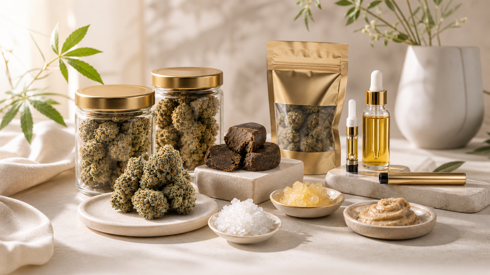 Premium THCA produktbillede med flower, hash, extracts og vape