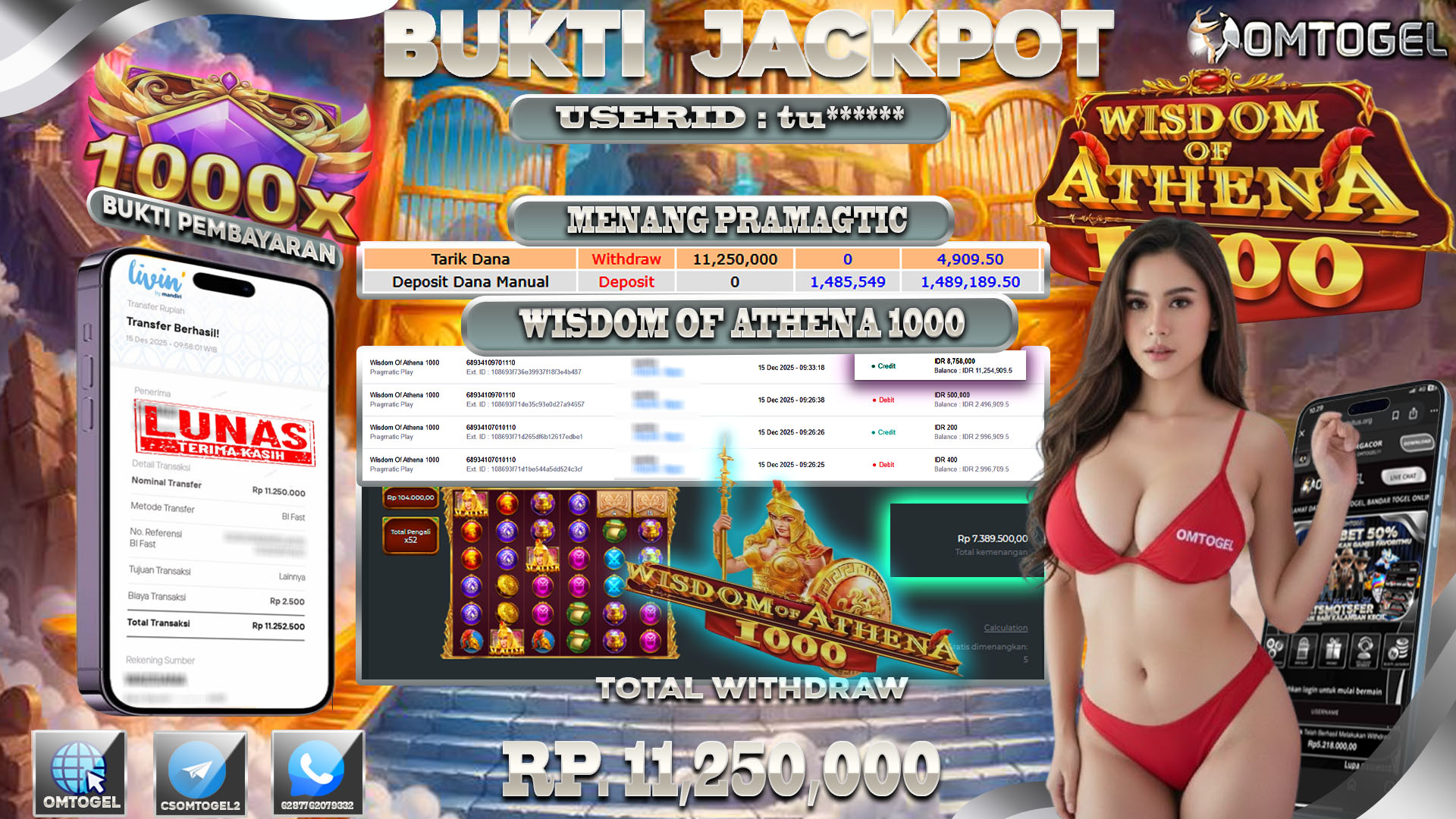 OMTOGEL JACKPOT PRAGMATIC PLAY WISDOM OF ATHENA 1000 ,11 JUTA DI BAYAR LUNAS ,-