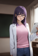 1girl, younger, looking at viewer, looking over eyewear, healthyman, purple hair s-4228659271