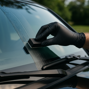 Technician applying glass coating to windshield