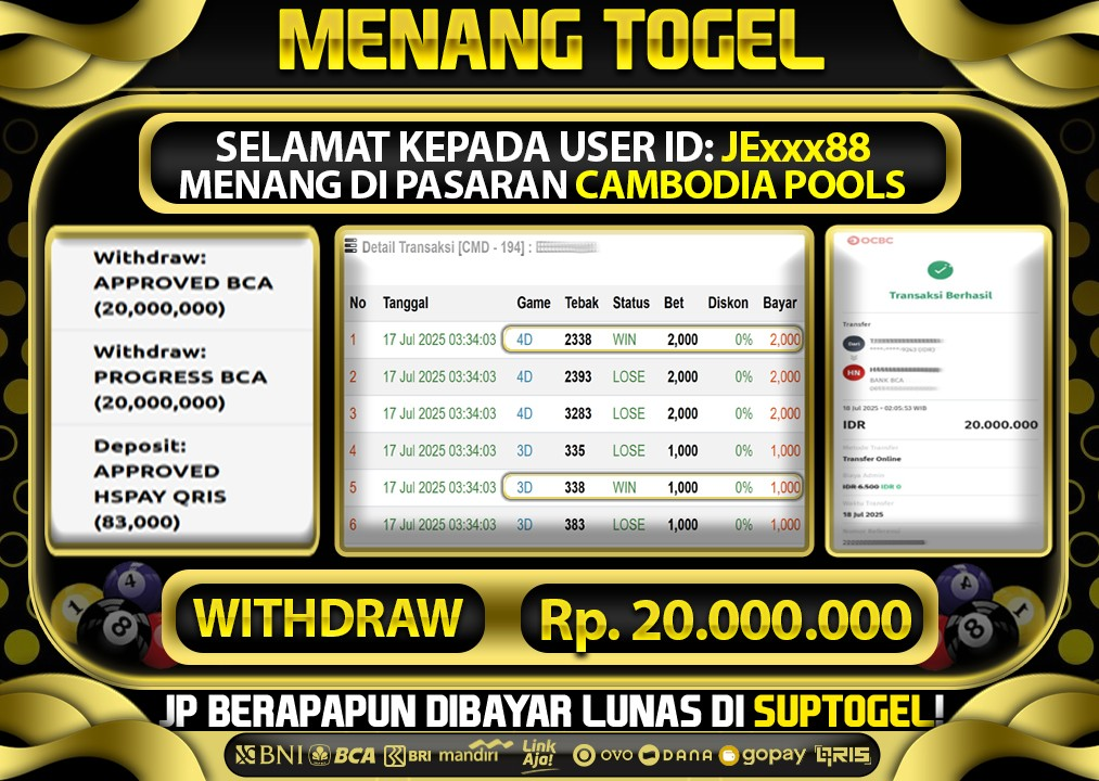  BUKTI KEMENANGAN 17 JULY 2025 MENANG DI PASARAN CAMBODIA POOLS TOTAL WD 20 JUTA