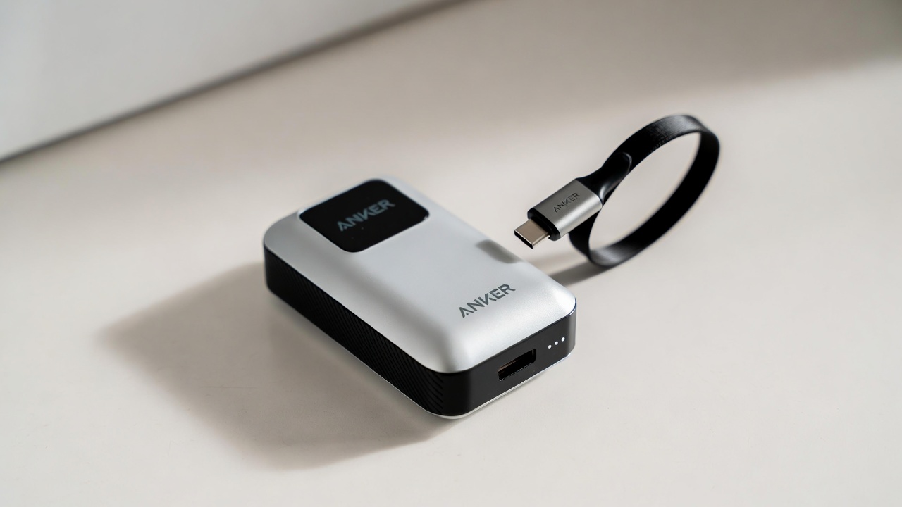Anker Nano 10000mAh portable charger with retractable USB-C cable on a light surface