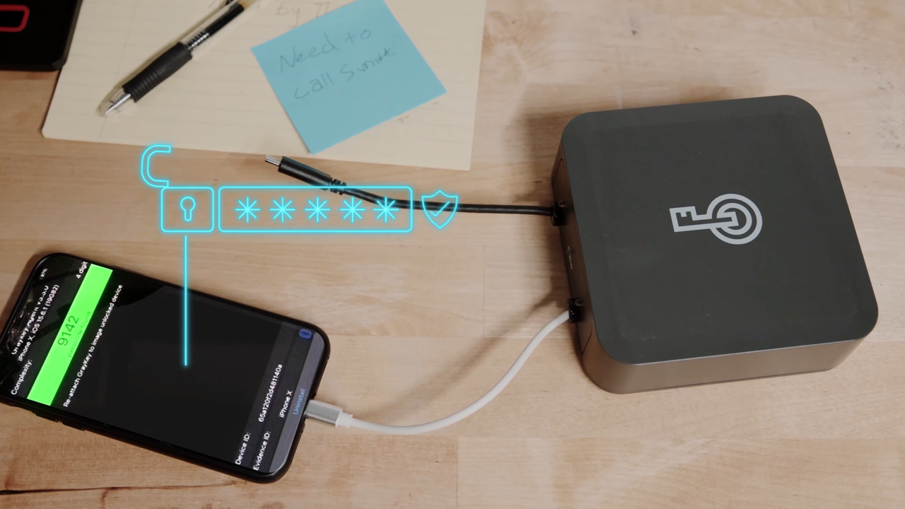 GrayKey device and mobile phone interface illustration