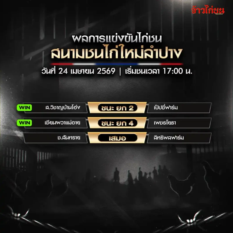 สรุปผลไก่ชน สนามชนไก่ใหม่ลำปาง วันที่ 24 เมษายน 2569
