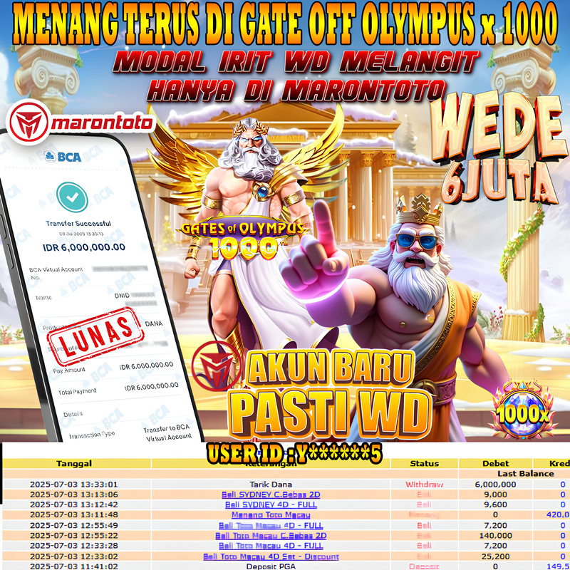 Bukti Kemenangan Member Marontoto Sebesar 6,000,000 JuTa