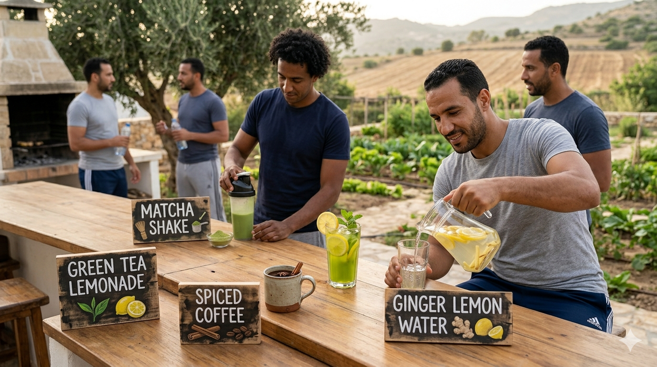 Homemade fat-burning drinks including green tea, matcha shake, spiced coffee, representing fat burning drinks