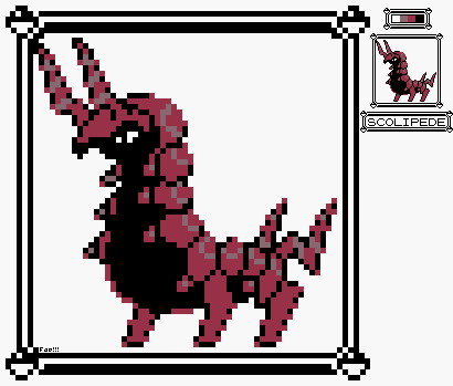 Scolipede pixel art using Gold/Silver/Crystal's "Foretress" Palette