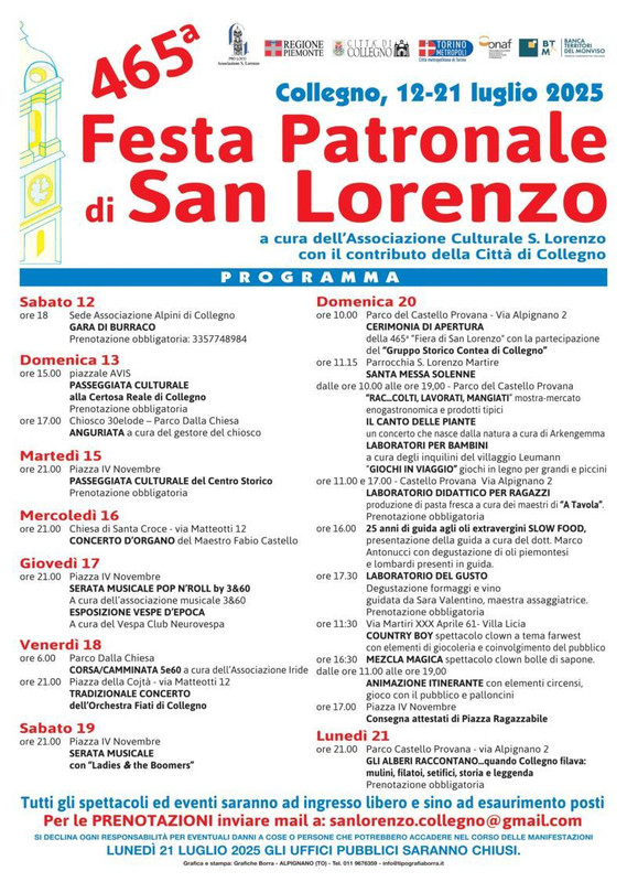 465ª Festa patronale di San Lorenzo a Collegno (To) dal 12 al 21 luglio 2025