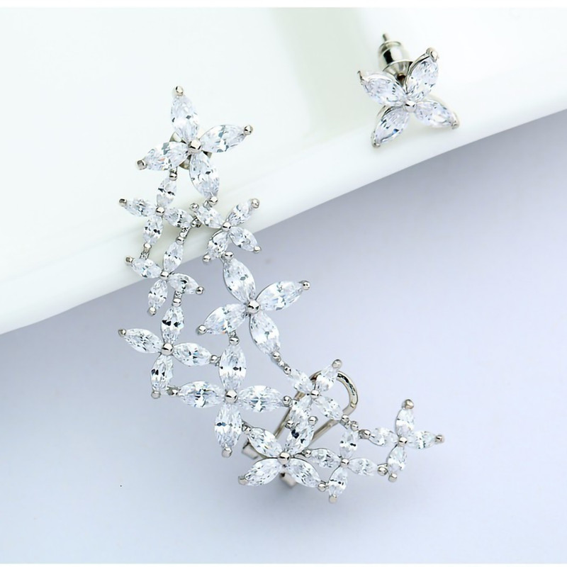 Luxury EAR CUFF White CZ Flower Women Stud Earrings Wedding Jewelry Gifts NEW