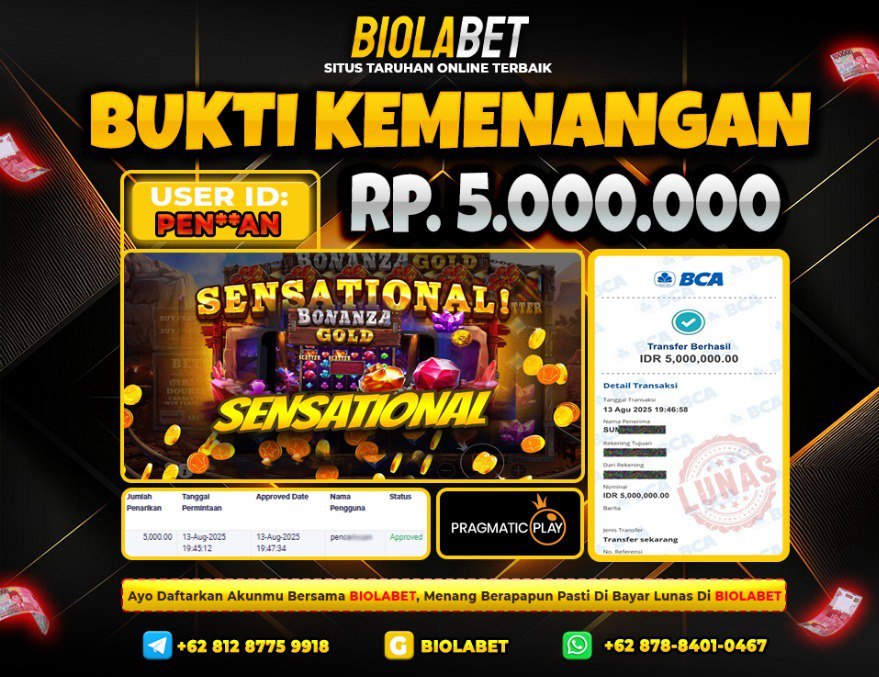 BIOLABET JACKPOT Pragmatic Play  Rp.5.000.000.,- LUNAS