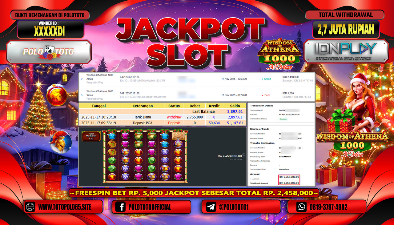 POLOTOTO JACKPOT SLOT WISDOM OF ATHENA 1000 Rp.2.700.000,- LUNAS