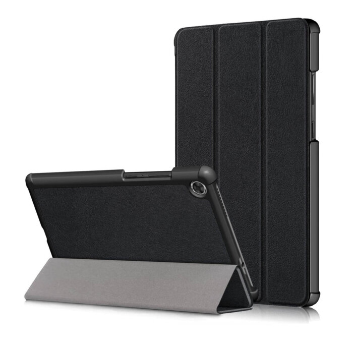 Funda tipo libro para Lenovo Tab M8, de color negro, mostrando su función de soporte.