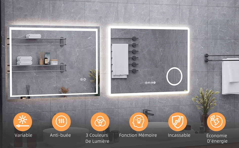 Miroir LED AquaWise 100 x 60 cm avec éclairage intégré