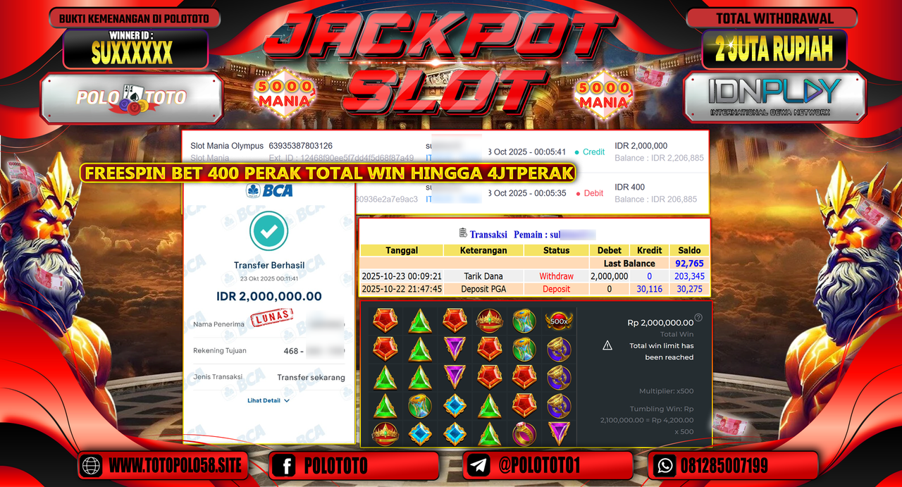 POLOTOTO JACKPOT SLOT MANIA OLYMPUS Rp.2.000.000,- LUNAS