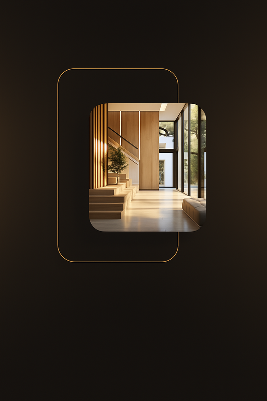 Entrada elegante de ambiente com madeira natural e iluminação suave