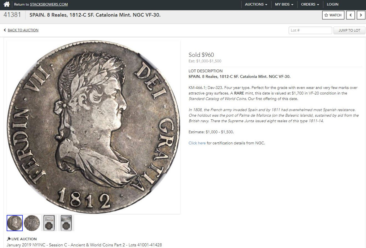 8 Reales 1812. Fernando VII. Cataluña SF Stacksbowers-2019