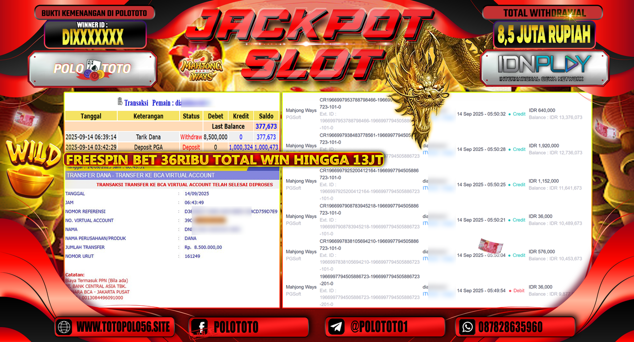 POLOTOTO JACKPOT SLOT MAHJONG WAYS Rp.8.500.000,-