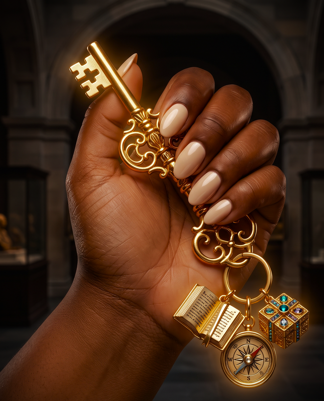 Hand holding a golden key with Academy, Compass, and Collection charms — the GIFTED Intuitions journey