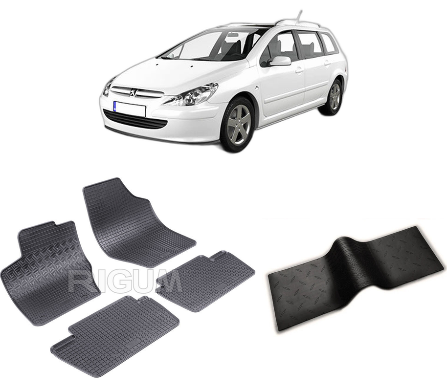 Set covorase auto PEUGEOT 307 din 2001-2005, cu covoras tunel median, CAROSERIE COMBI, Presuri cauciuc 100%, compatibil cu autoturismul PEUGEOT 307, Rigum