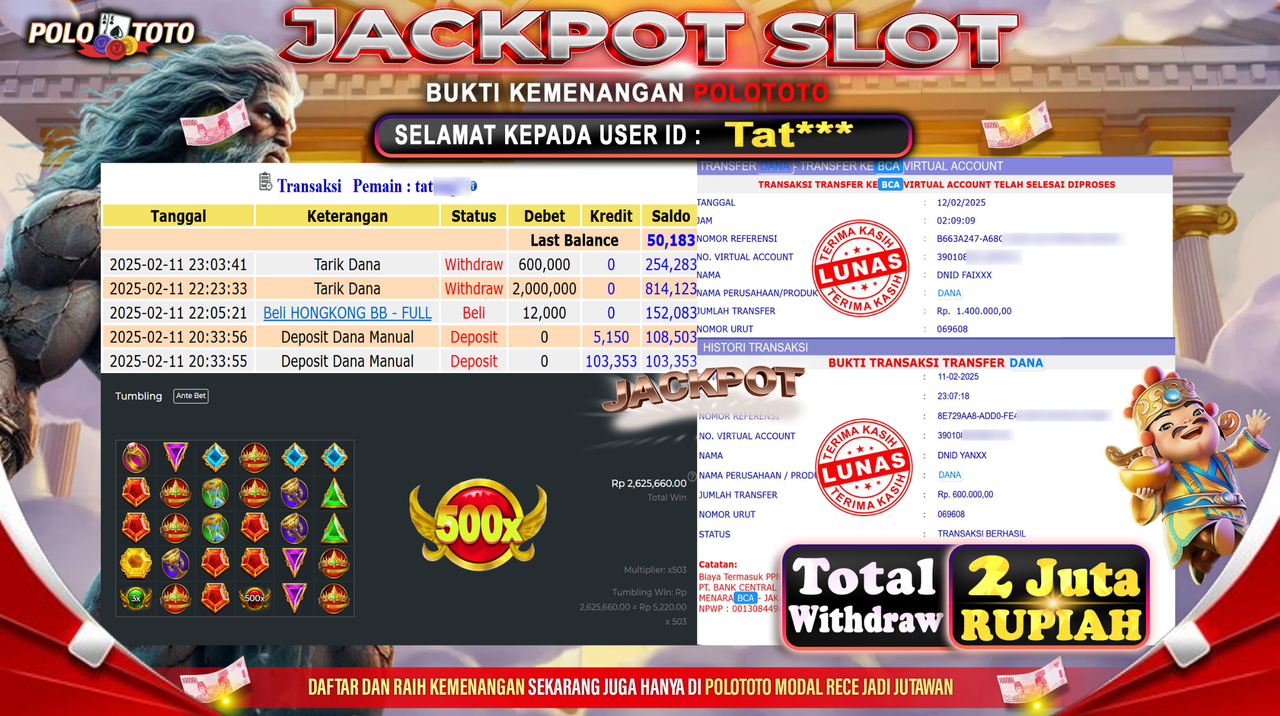 POLOTOTO JACKPOT SLOT GATES OF OLYMPUS Rp.2.000.000,-